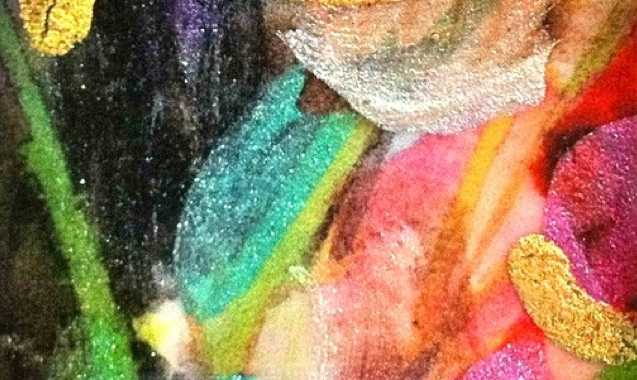 A brightly coloured mixed-media painting detail in red, green and blue